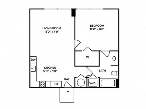 Floor plan for 1 bed, 1 bath, 648 sqft